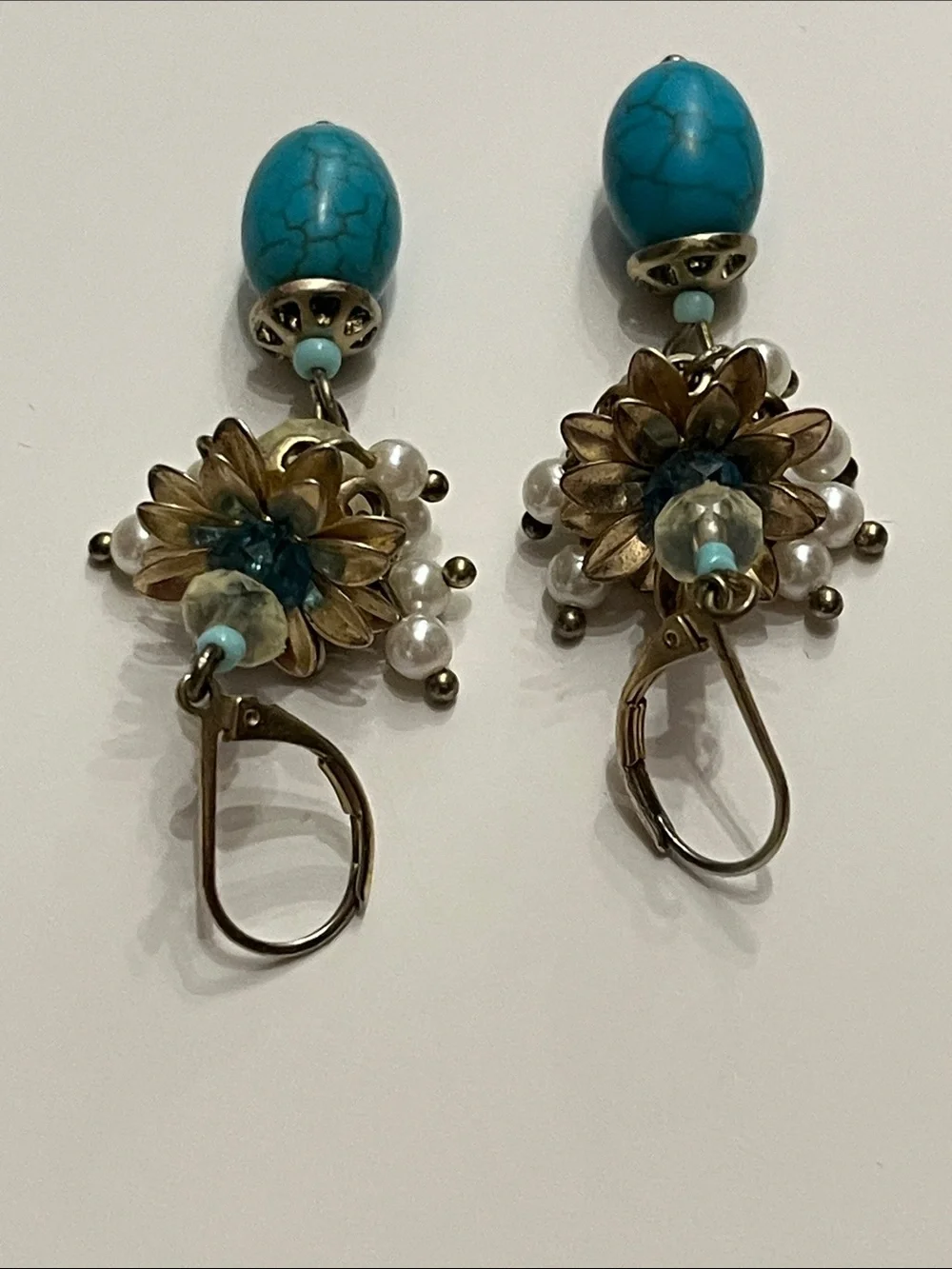 Talbots Turquoise Cluster Drop Earrings with Faux Pearls and Crystal Beads